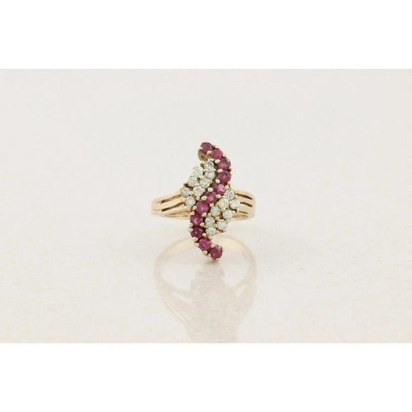 10k Yellow Gold Natural Ruby and Diamond Ring Size 6 3/4 Cluster Ring Waterfall - Picture 6 of 9